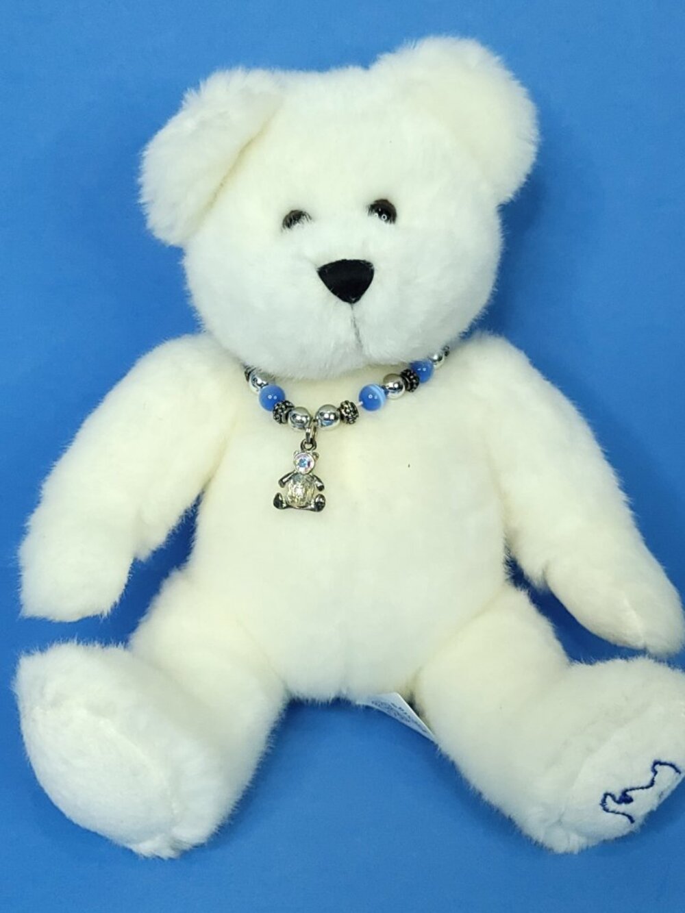 Fiesta Plush Bear Blue White Clear Bear Charm Bracelet 10" Stuffed Animal  Soft
